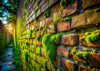 Surreal Green Moss and Lichen Texture on Old Brick Wall Stock Photo