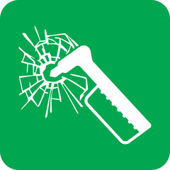 green square sign, hammer breaking glass, emergency tool used to shatter glass in case of evacuation or rescue situations	