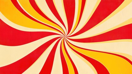 Abstract swirl background with red, yellow, and cream stripes radiating from the center.