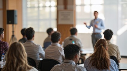 Male speaker giving presentation in hall at university education workshop. Audience or conference hall. Rear view of unrecognized participants in audience. Scientific conference event, training