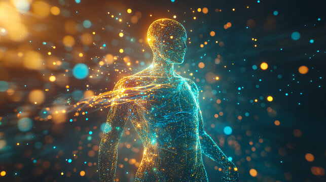 Futuristic digital visualization of human metabolism with glowing micronutrient streams and energy pulses in vibrant colors  
