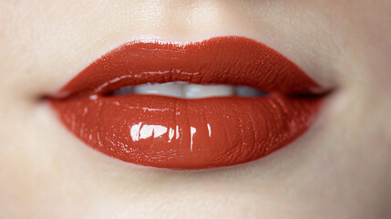 Obraz premium Close Up of Glossy Red Lips With Perfect Makeup and Smooth Skin