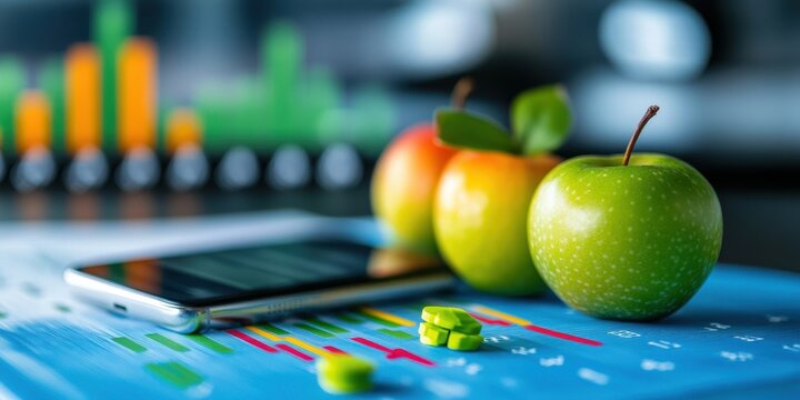 Healthy snack choices fresh apples and smartphone on colorful data sheet modern office conceptual visuals