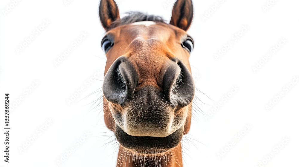 Poster a playful horse with a large nose sniffing curiously at the camera, its muzzle exaggerated in size, 