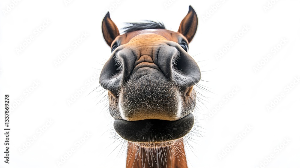 Poster a playful horse with a large nose sniffing curiously at the camera, its muzzle exaggerated in size, 