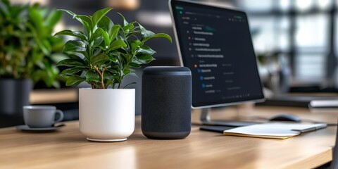 Innovative office workspace with smart speaker and green plant modern office technology concept minimalist environment