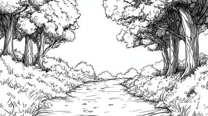 Serene Creekside Path A Black and White Ink Drawing of a Tranquil Nature Scene