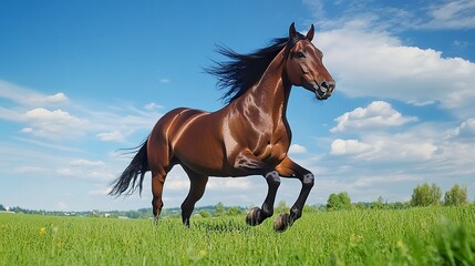 A powerful bay horse gallops through a lush green meadow, its muscles rippling and mane flowing in the wind, under a bright blue sky 