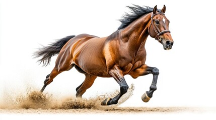 Obraz premium A powerful bay horse races forward, its eyes focused, legs stretching in full stride, the white background isolating its speed and grace 