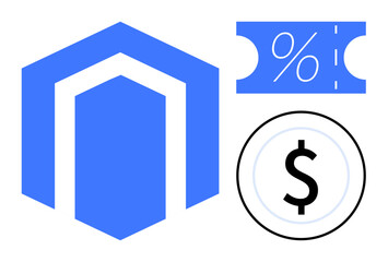 E-commerce platform symbol, discount voucher with percentage sign, and dollar sign representing financial transactions. Ideal for technology, digital marketplaces, online shopping, business growth