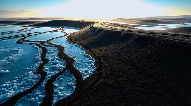 Ultra macro view of super salty water bubbling, perchlorate blue false color