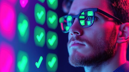 Checkmarks and business success concept. Young man in glasses with colorful reflections, focused on vibrant digital elements.
