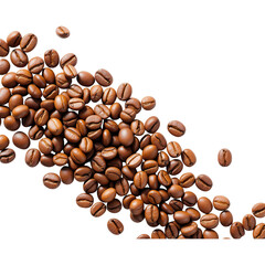 Naklejka premium A collection of various coffee beans scattered on a clean white background, showcasing their rich tones and textures, perfect for coffee