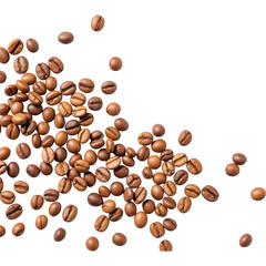 Naklejka premium A collection of various coffee beans scattered on a clean white background, showcasing their rich tones and textures, perfect for coffee