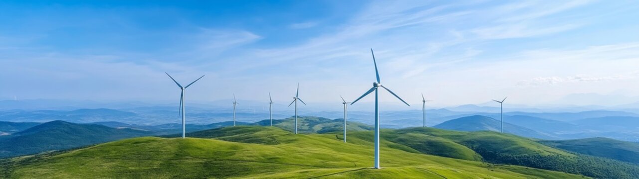 Scenic Landscape of Wind Turbines on Green Rolling Hills under Sky