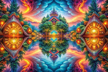 Fototapeta premium Surreal Symmetrical Hand Painting, Abstract Art, 2D Artwork, Colorful Mandala