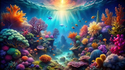 Obraz premium Surreal Underwater Coral Reefscape: Vibrant Panoramic Fantasy Art