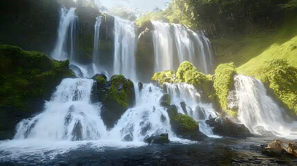 Fototapeta premium Majestic Waterfall Cascading Through Lush Jungle