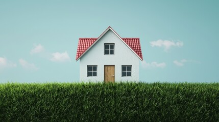 House on green grass against a blue sky. Concept for real estate, home ownership, and property investment.