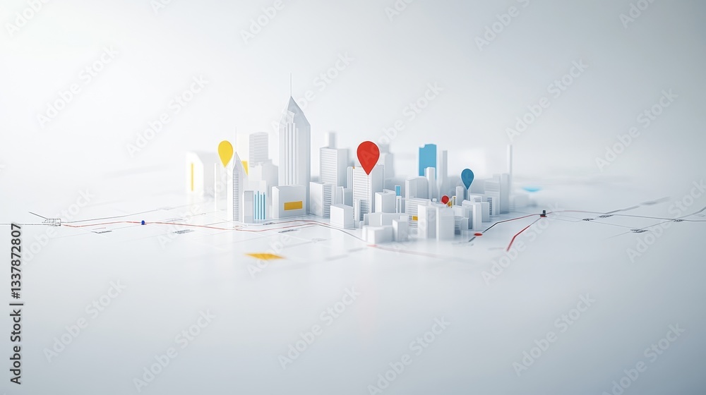 Poster conceptual cityscape with abstract structures and colorful markers