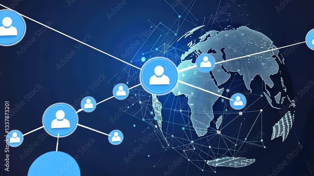 Poster global network of interconnected people. a digital illustration shows a 3d globe with connecting lin