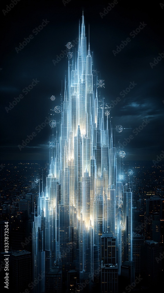 Poster a cathedral made of pure light, towering ethereal structures glowing in the twilight, celestial symb