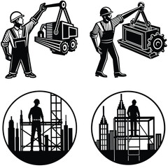 construction workers with building, construction worker and building