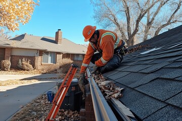 A worker cleans a gutter of autumn leaves on a rooftop