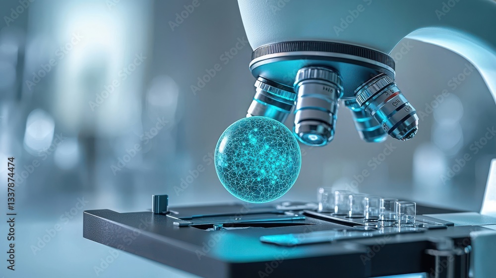 Poster microscope examining a glowing specimen on a slide.