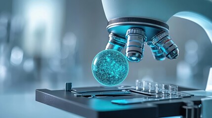 Obraz premium Microscope examining a glowing specimen on a slide.