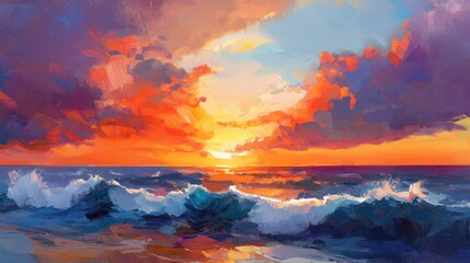 Naklejka premium Vibrant Sunset Over Ocean Waves - Impressionist Seascape Painting
