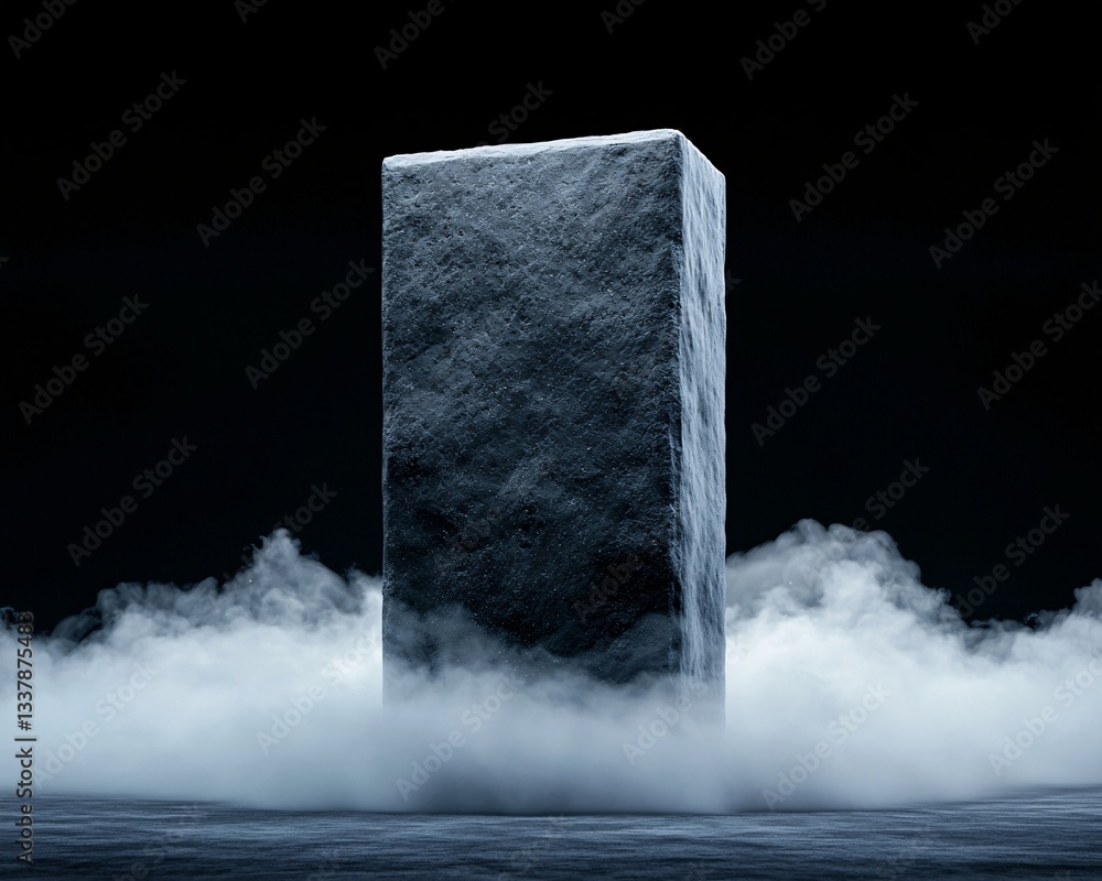 Poster a mysterious floating monolith radiating a soft celestial glow, surrounded by swirling mist, cryptic