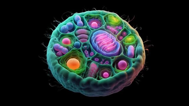 plant cells undergoing mitosis, showing interphase, prophase, metaphase, anaphase, telophase, and cytokinesis. Visible structures include chromosomes, chloroplasts, and vacuoles