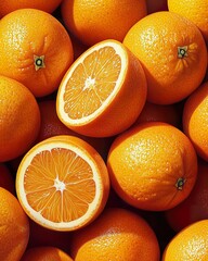 An overhead view of multiple ripe oranges some sliced open