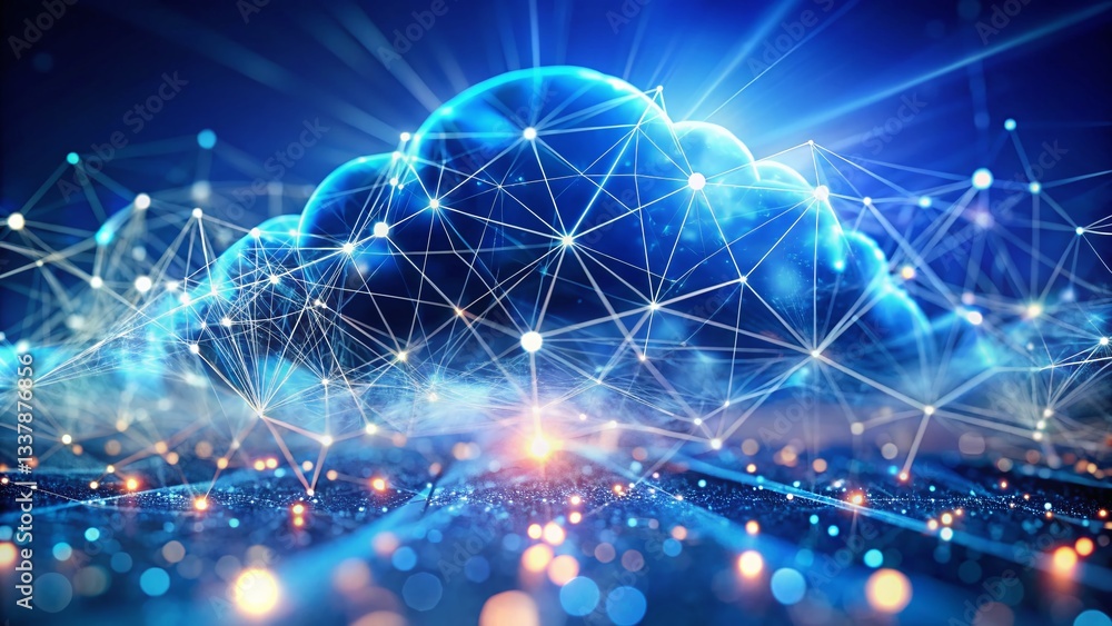 Poster tilt-shift digital cloud: connected lines & dots representing technology, internet & data visualizat
