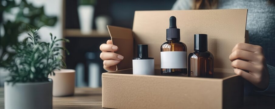 Influencer unboxing luxury skincare products in a well-lit studio, professional branding, e-commerce marketing