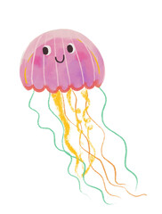 Adorable smiling purple cartoon jellyfish illustration in watercolor style © Christiana