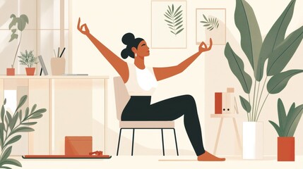 A woman takes a rejuvenating stretch break from her work, seated in a chair within her bright home office surrounded by indoor plants and decorative items