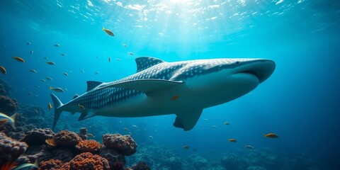 Fototapeta premium A majestic whale shark glides effortlessly through a vibrant coral reef, sunlight filtering through the crystal-clear water, illuminating the diverse marine life