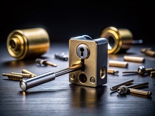 Tilt-Shift Photography: Lock Picking Tools & Deadbolt - Burglary Security Concept