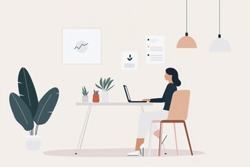 A woman sits at a minimalist desk focused on her laptop, surrounded by plants and wall art in a well-lit workspace. The setting promotes productivity and creativity