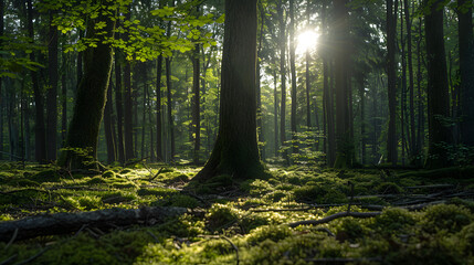 Fototapeta premium Sunlit Forest Serenity - Tranquil Green Woodland Scene