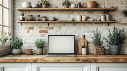 Rustic Kitchen Workspace: Laptop, Herbs, and Wooden Shelves