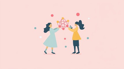 A flat illustration of women in science holding up scientific equipment against a pink background