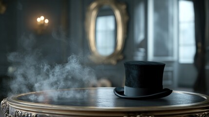 A top hat sits on a vintage table, shrouded in smoke that adds an air of mystery. The elegant setting features ornate mirrors and soft lighting, suggesting an enchanting event