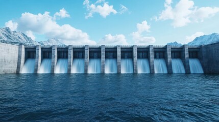 Hydroelectric dam with water flowing. Renewable energy concept. Mountains and blue sky in the background.