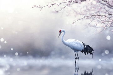 Fototapeta premium Elegant crane standing in serene wetland springtime blossom wildlife photography tranquil environment close-up view