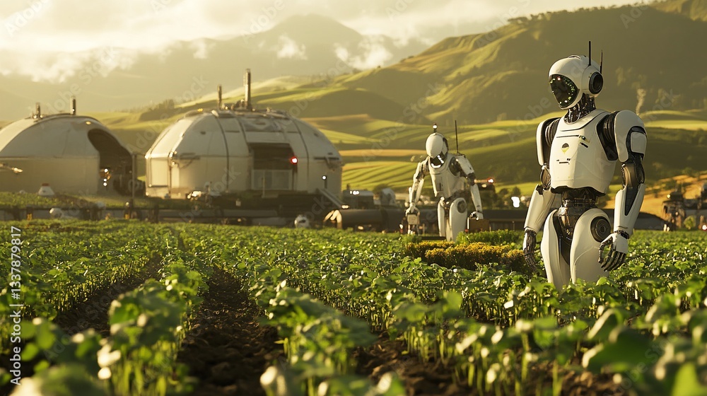 Poster robots working in a futuristic farm landscape with fields and domed structures in the distance