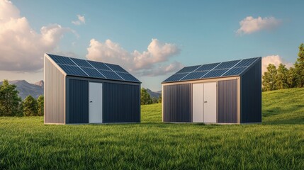 Two sheds with solar panels on a green field. Sustainable energy concept. Eco friendly lifestyle.