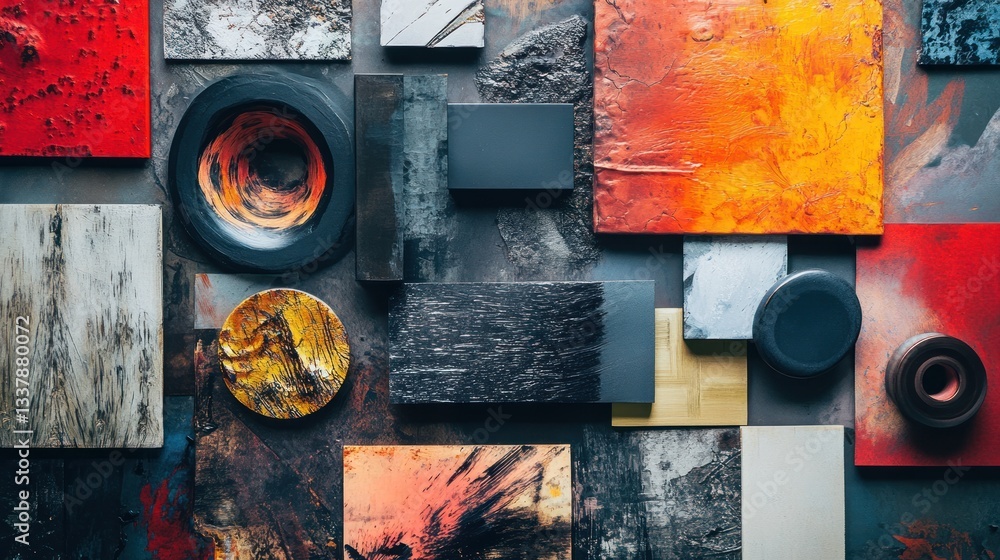 Poster abstract texture samples arranged in a grid, showcasing various colors and materials.
